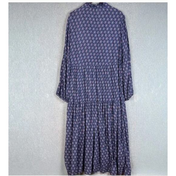 Anthropologie Maeve Sz XL Blue Floral Long Sleeve Ruffle Neck Tiered Maxi Dress8 - Picture 2 of 11